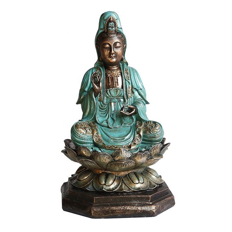 Green Color painting Fengshui decor resin sitting Kwan Yin Buddha Statue on lotus