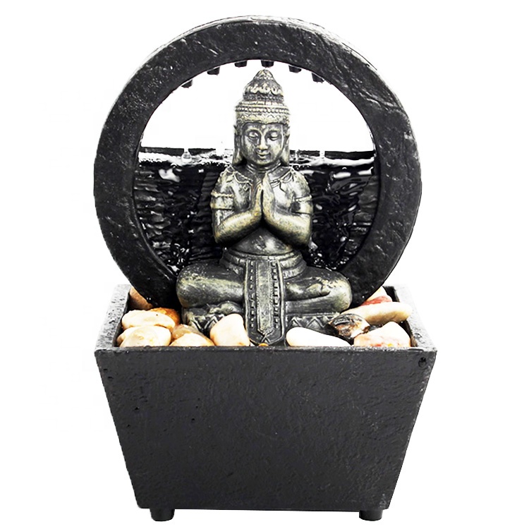 Hot sell Mini Feng Shui indoor table top decor polyresin resin Buddha water fountain with stone